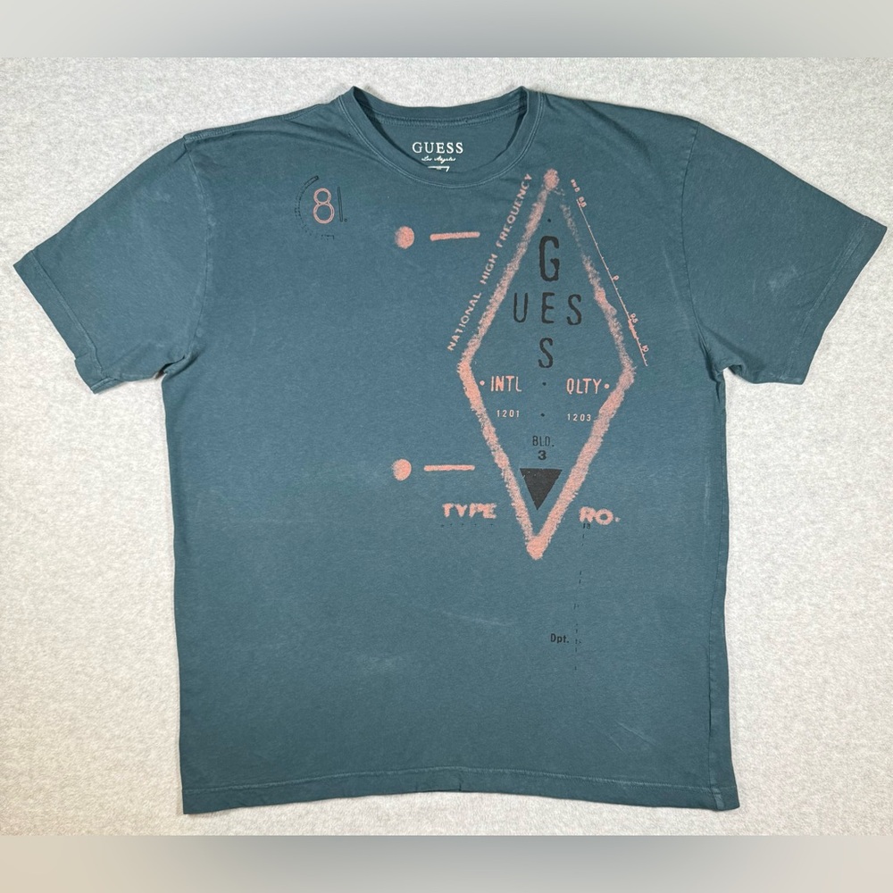 Guess Teal Distressed Short Sleeve Graphic T Shirt US Large